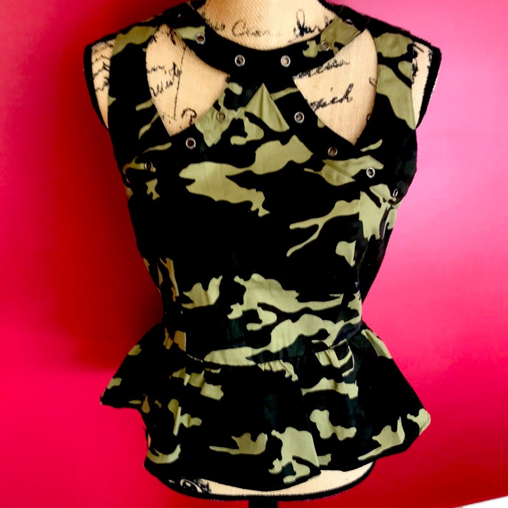 Last Kiss peplum sleeveless peek a boo bodice in camo colors ladies top.